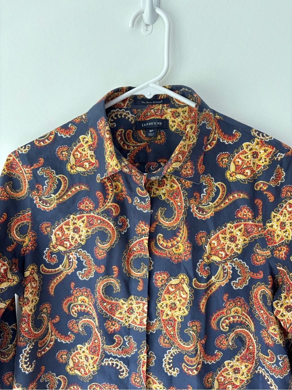 Lands' End Supima Cotton Button-Down Shirt Navy Orange Yellow Paisley Western - Picture 2 of 8